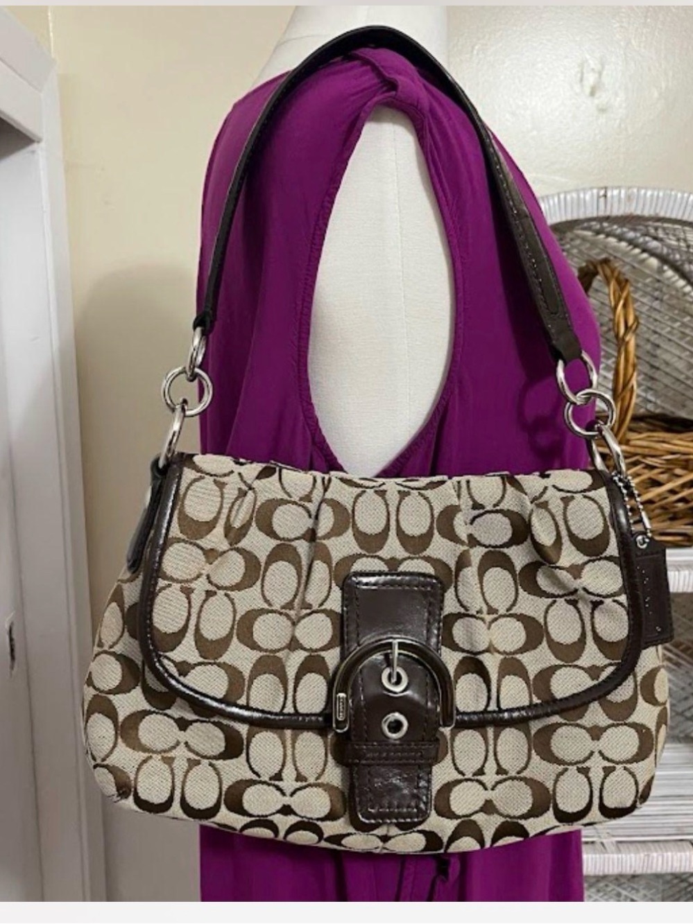 Coach Brown/Tan Signature Canvas Shoulder Bag with Dark Brown Leather Trim
